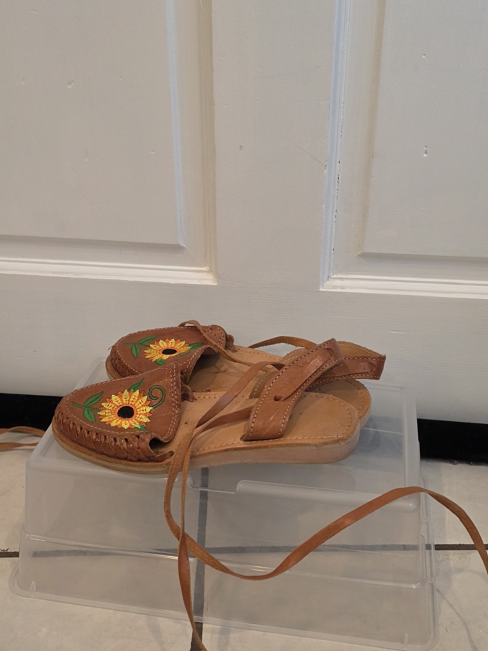 Brown Leather Sunflower Embroidered Sandals - Picture 3 of 4